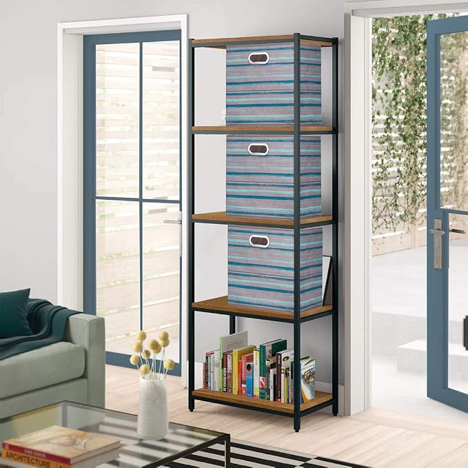 Cloth Storage Bins Set of 4 Thick Fabric Drawers Foldable Cubes Basket Organizer Container with Dual Metal Handles for Shelf Cabinet Bookcase Boxes Gray-Blue Stripes 13x13x13 inch