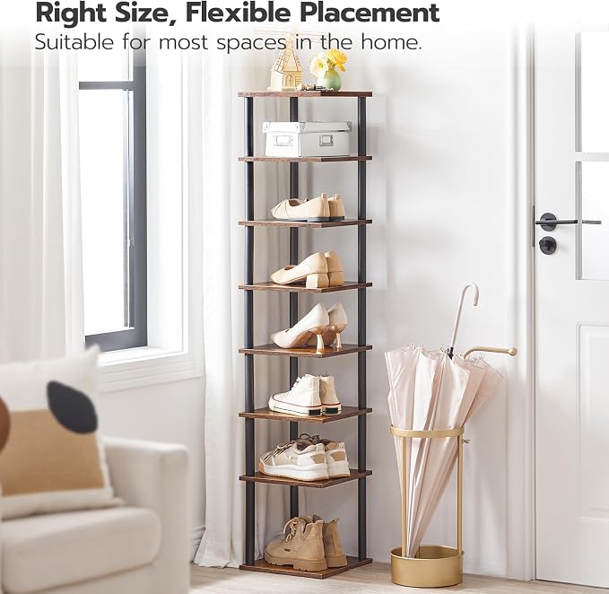 HOOBRO Vertical Shoe Rack, 8-Tier Narrow Shoe Shelf, Shoe Storage Organizer for Small Space, 11" L x 11" W x 53" H, Closet, Entryway, Hallway, Bedroom, Rustic Brown and Black BF22XJ01