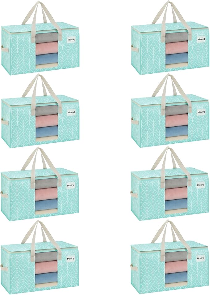 VENO 8 Pack Heavy Duty Moving Bags, Clothes and Comforter Storage Bags with Clear Window, College Dorm Essentials Packing Supplies, Foldable Boxes Alternative (Evergreen, 8 Pack)