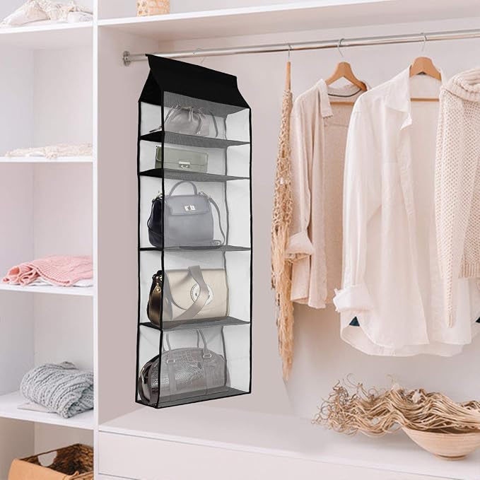 Improved Closet Handbag Purse Holder with 5 Large Heavy-Duty Mesh Shelves, Space Saving Hanging Handbag Storage Tote Bag Organizer Holder for Wardrobe Closet(Black)