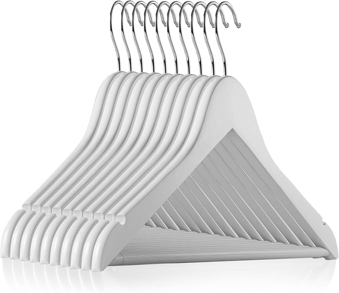 Casafield - 10 White Wooden Suit Hangers - Premium Lotus Wood with Notches & Chrome Swivel Hook for Dress Clothes, Coats, Jackets, Pants, Shirts, Skirts