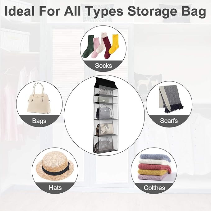 Improved Closet Handbag Purse Holder with 5 Large Heavy-Duty Mesh Shelves, Space Saving Hanging Handbag Storage Tote Bag Organizer Holder for Wardrobe Closet(Black)