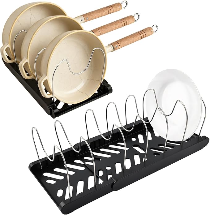 Pots and Pans Organizer for under Cabinet, Expandable Pot Lid Holder with 10 Adjustable Compartment, Pan Organizer Inside Cabinet for Lids & Cookware(COLOR:Black)