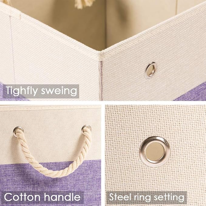 PRANDOM Large Foldable Cube Storage Bins 11x11 inch [4-Pack] Fabric Linen Storage Baskets Cubes Drawer with Cotton Handles Organizer for Shelves Closet Bedroom Purple