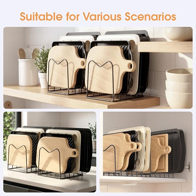 ORDORA 2 Pack Cutting Board Holder Stand Rack Organizer for Cabinet, 5mm Wire Storage Rack for Countertop, Baking Cookie Sheet Pan Organizer inside Cabinet, Chopping Board Holder for Pots and Skillets