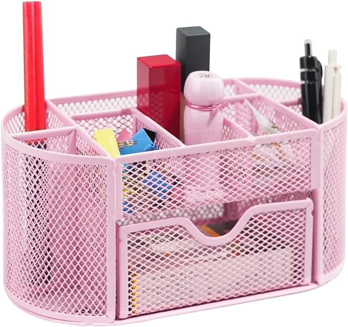 Newkita Desktop Organizer with Pencil Pen Holder and Accessories Offering 8 Compartments and 1 Drawer for Home, School and Office. (Cherry Blossom Pink)
