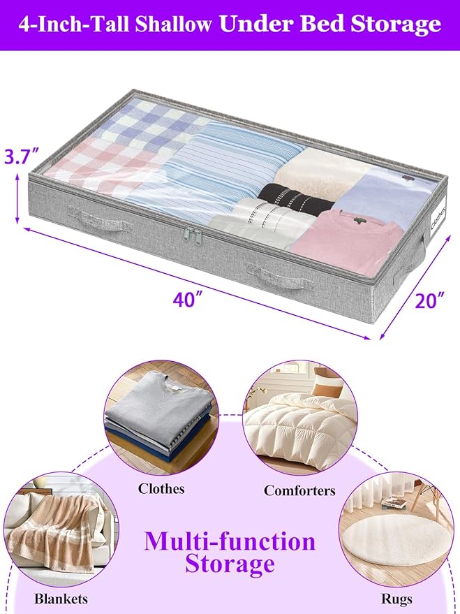 Below 4 Inches High Under Bed Storage, Low Profile Underbed Storage Containers, NO RIGID STRUCTURE, Foldable & Thin Storage Bags, Clothes Organizer w/Clear Lid & Zipper, 2-Pack, 20x40x3.7 Inches, Gray