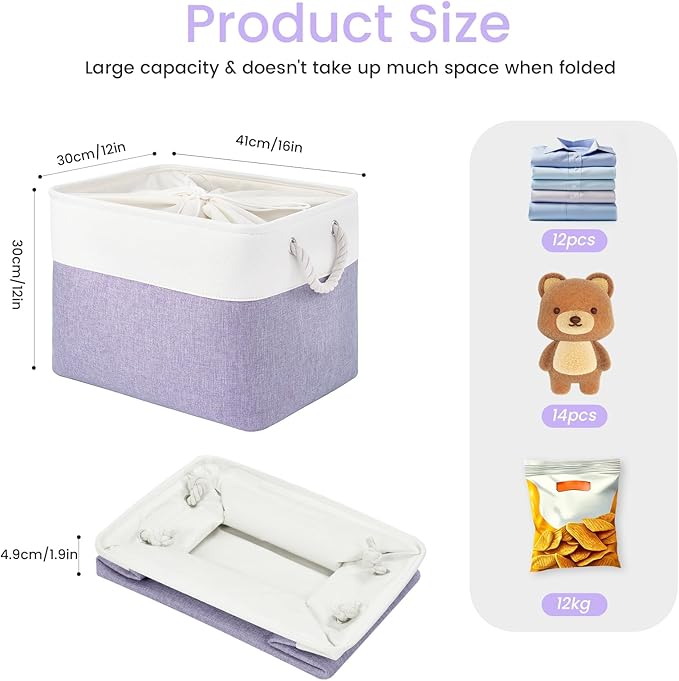 16x12x12 In Foldable Fabric Large Storage Bins with Handle 3 Pack | Storage Basket with Draw String Top, Sturdy Metal Strand, Cardboard Support Molding, for Shelf, Closet, Bedroom, White/Purple