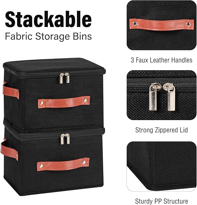 Storage Bin Box with Zippered Lid Cotton Linen Fabric Decorative Basket with PU Leather Handles PP Plastic Board Foldable Lidded Clothing Shelf Closet Organizer Container (Black, Small)