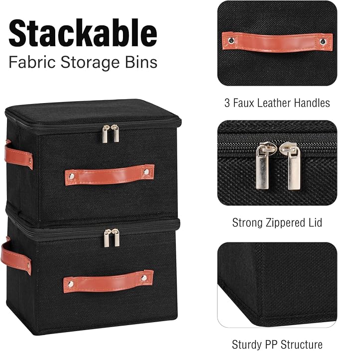 3PCS Storage Bins Boxes with Zippered Lids Cotton Linen Fabric Decorative Basket PU Leather Handles PP Plastic Board Foldable Lidded Clothing Shelf Closet Organizer Container (Black, Small)