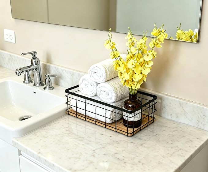 ShabbyDecor Farmhouse Metal Wire Basket for Kitchen Cabinets Pantry etc | Detachable Wood Base Storage Organizer for Kitchen Cabinets, Bathroom, Pantry, Laundry Room