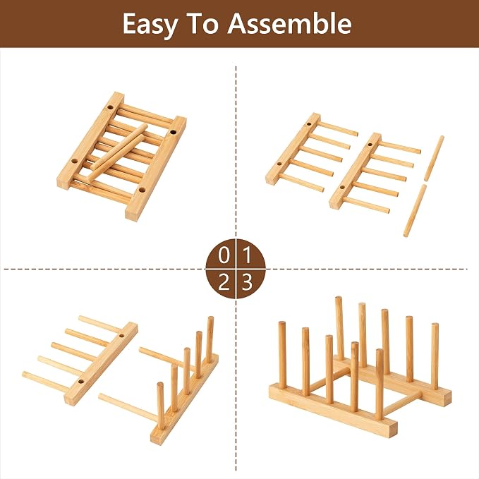 HBlife Bamboo Dish Plate Bowl Cup Book Pot Lid Cutting Board Drying Rack Stand Drainer Storage Holder Organizer Kitchen Cabinet（Keep Dry）