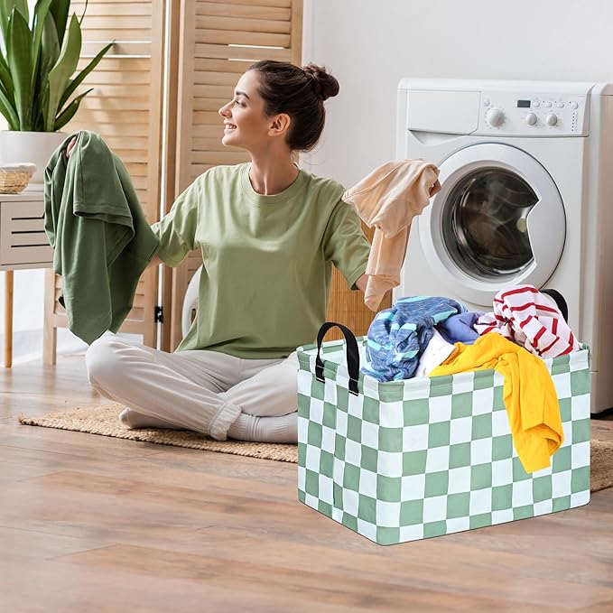 MAIZMZ Sage Checkered Storage Basket Baby Toys Organizer Bins Decorative Gifts Bakset Waterproof Nursery Hamper Women Storage Cube Kids Laundry Basket for Home/Dorm/Kitchen/Pet/Office/Closet/Shelf/