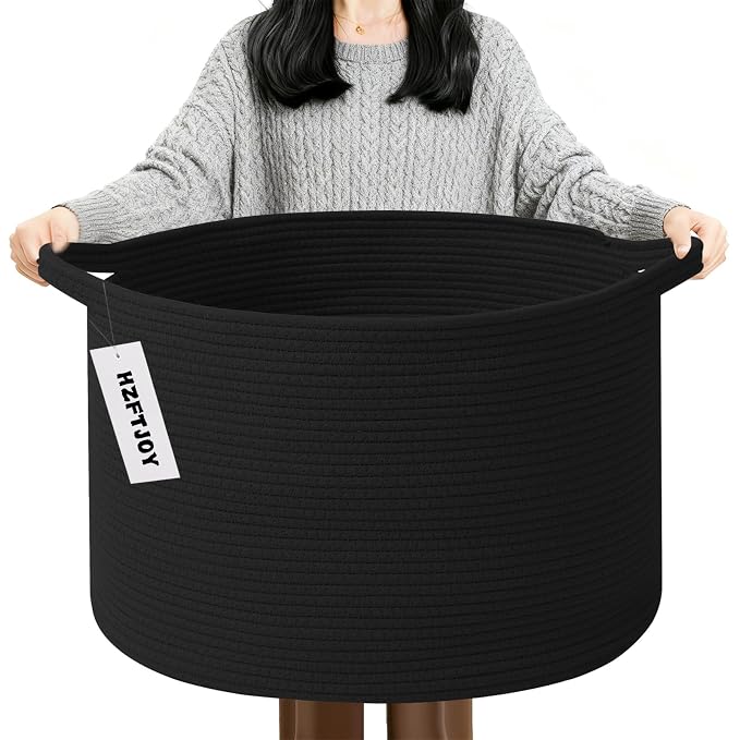 90L Extra Large Blanket Basket,Woven Rope Laundry Basket Hamper with Handles, Decorative Nursery Basket Storage Bin for Toys, Clothes Organizer, Living Room, Bedroom, Bathroom, Black