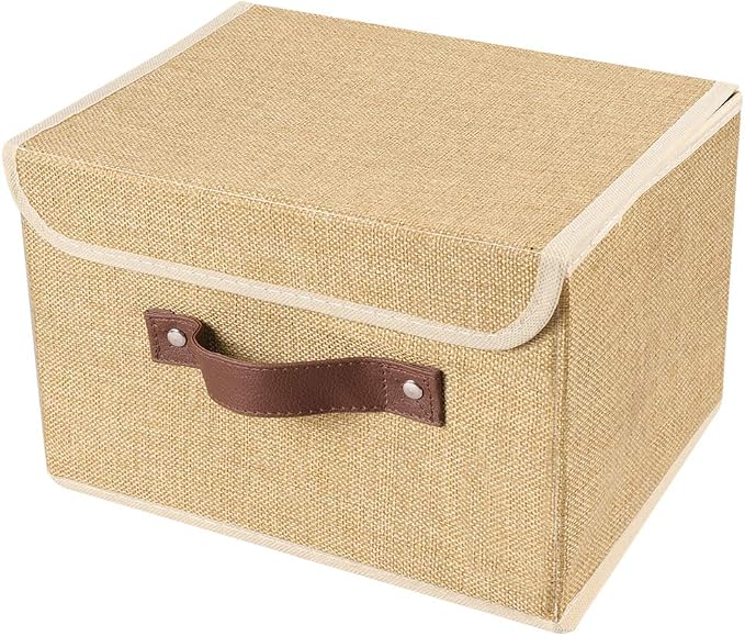 2Pack Storage Bins Boxes with Lids 15"x10"x10" Decorative Storage Baskets | Cotton Linen Fabric, Collapsible, Faux Leather Handles, Storage Cubes, Closet Shelf Clothes Organizer Container, Khaki