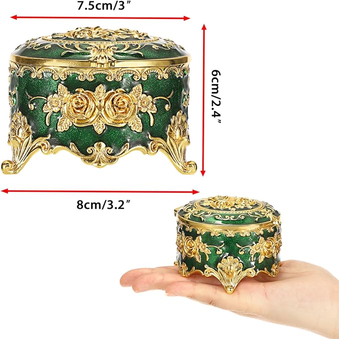 Hipiwe Vintage Jewelry Box Small Trinket Storage Organizer Box Gold Metal Chest Ring Case Treasure Chest Round Keepsake Boxes for Earrings Necklace Gift for Women,Green