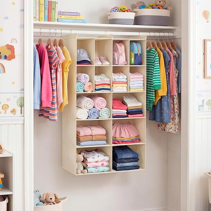 5 Tier Hanging Closet Organizer, 14 Compartments Dual Row Storage, Beige | Closet Organizers and Storage with Large & Small Cubbies, 3 Sturdy Hooks Support Heavy Loads, Ideal for Dorm, Garment Rack
