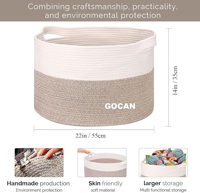 GOCAN Extra Large Laundry Basket toy storage 22"X22"X14" blanket basket Cotton Rope Woven Baskets with Handles for Living Room (Brown/Beige) XXXL