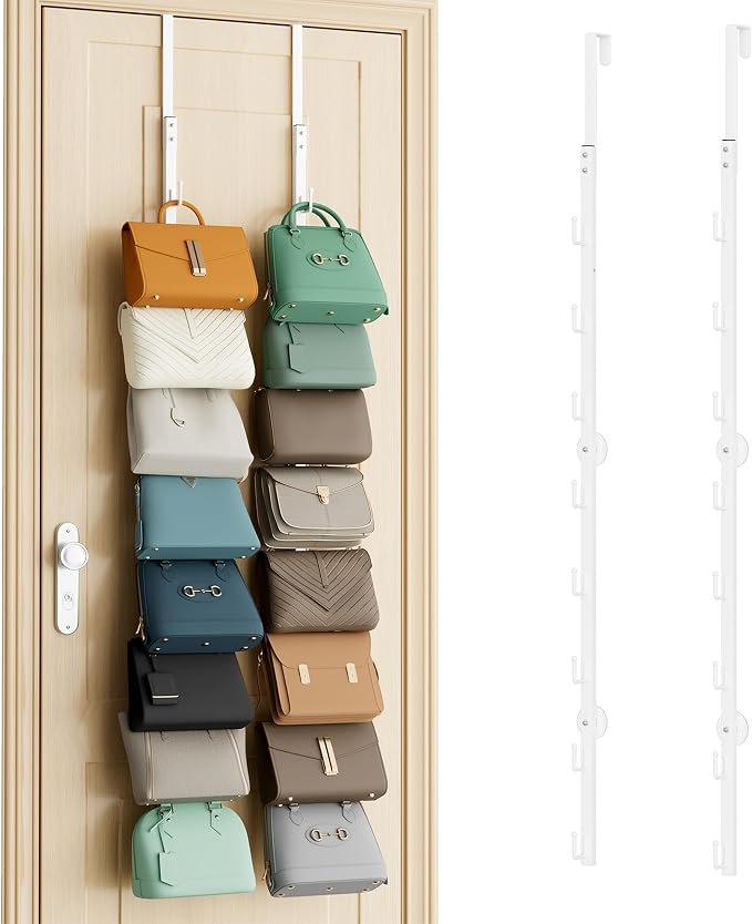 SWTYMIKI Over the Door Purse Organizer - 2 Packs Wall Mounted Purse Rack with 8 Hooks Design, Hanging Handbag Organizer Storage Holds up to 16 Bags, Bag Rack for Closet, Door (White)