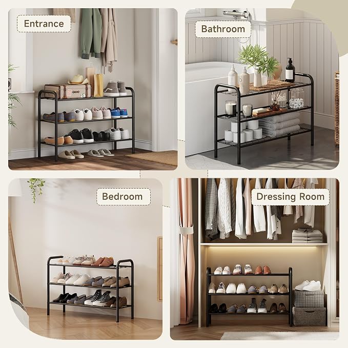 Shoe Rack,Long Shoe Organizer for Closet,Wide Shoe Storage for Entryway, 3 Tier Sturdy Metal Free Standing Shoe Shelf