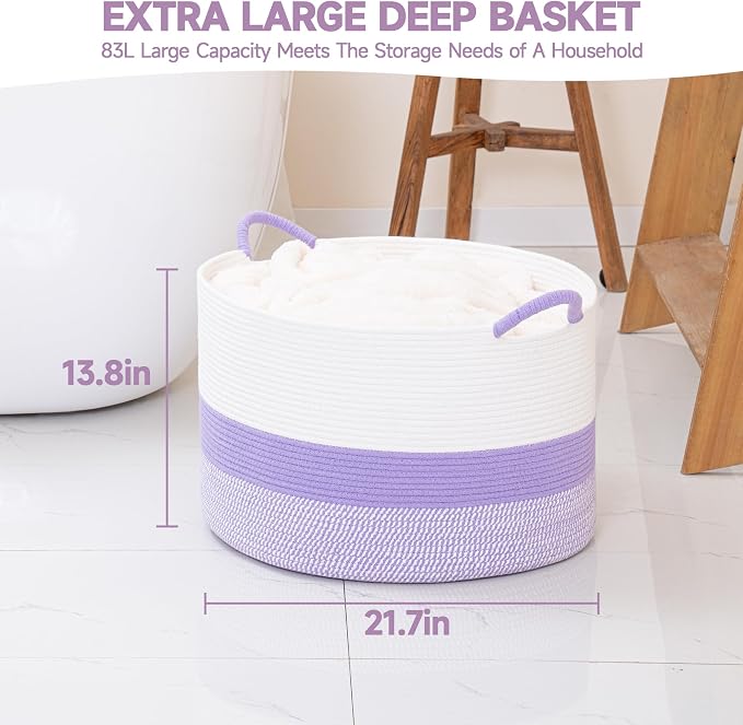 CLHMILY&Z Round Cotton Rope Storage Basket - 22x14.2 Inches - Cute Nursery Bin, Baby Toy Organizer, Lavender Organizer for Home Decor, Multi-Purpose Home Tidy Solution