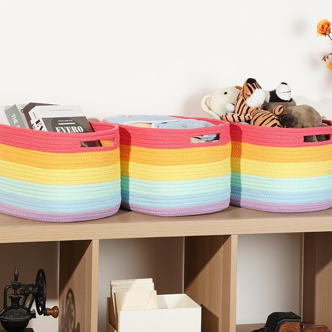 Temary Woven Baskets for Storage 3 Pack Storage Baskets for Organizing, Rectangle Decorative Rope Baskets for Storage Clothes, Towels, Storage Bins with Handles (Rainbow, 13"x9.8"x8.5")