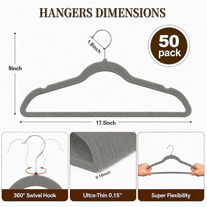 Velvet Hangers 50 Pack, Non Slip Clothes Hangers with Shoulder Notches, Slim Felt Hanger with 360° Swivel Hook, Space-Saving, Heavy Duty, for Coat, Shirt, Pants, Dress, Suits, Gray