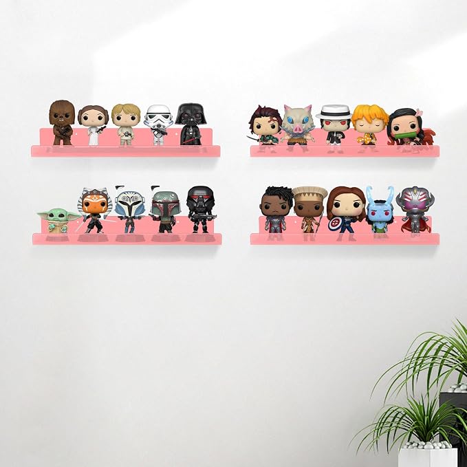 Dezzer 4 Pack Acrylic Shelves for Wall, 15" Acrylic Floating Shelves for Bathroom Bedroom, Invisible Bookshelf Wall Ledge Storage Shelf Books Perfume Toys Action Figure Display Shelves, Pink
