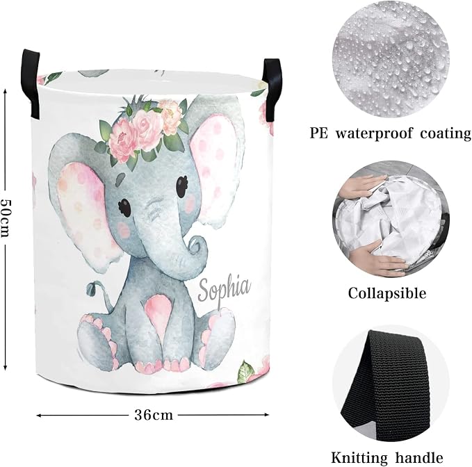 Pink Flower Elephant Laundry Basket Personalized Name Waterproof Laundry Hamper with Handles for Laundry Room Bathroom College