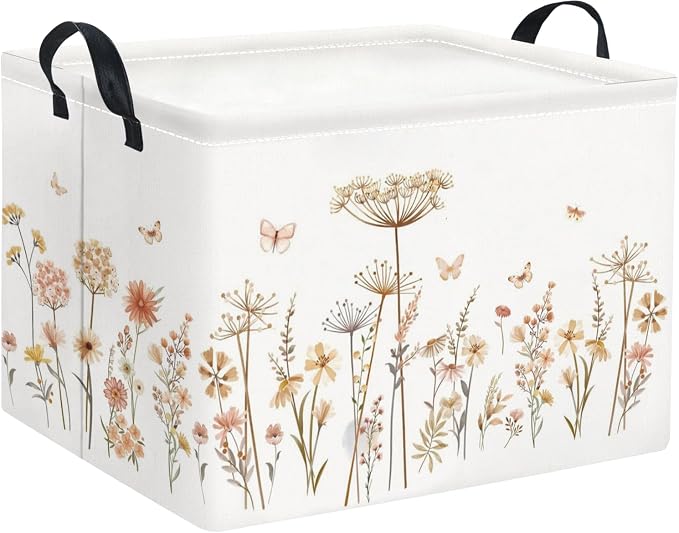 Rectangular Baby Kids Storage Basket for Home Kitchen Girls Cute Toy Storage Bin Organizer Shelf Book Room Decor(Line Flower)