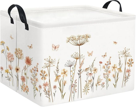 Rectangular Baby Kids Storage Basket for Home Kitchen Girls Cute Toy Storage Bin Organizer Shelf Book Room Decor(Line Flower)