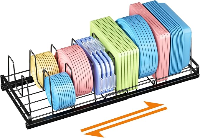 Expandable Food Container Lid Organizer(13"-21") with 9 Adjustable Dividers | Metal, Large Capacity Detachable Lid Organizer Rack, Pads Prevent Sliding for Kitchen Cabinet,Cupboard,Pantry Shelves,Drawer
