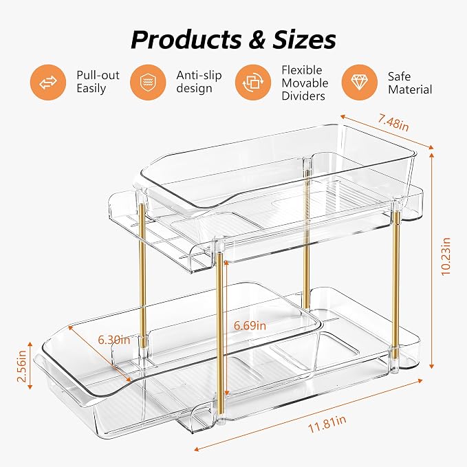 LAREKUN2pack 2-Tier Organizer & Storage Unit Stackable Bathroom Cabinet Organizer Pull-Out Kitchen Pantry Organizer & Storage System Suitable for Countertops, Pantries, Kitchens, Bathrooms