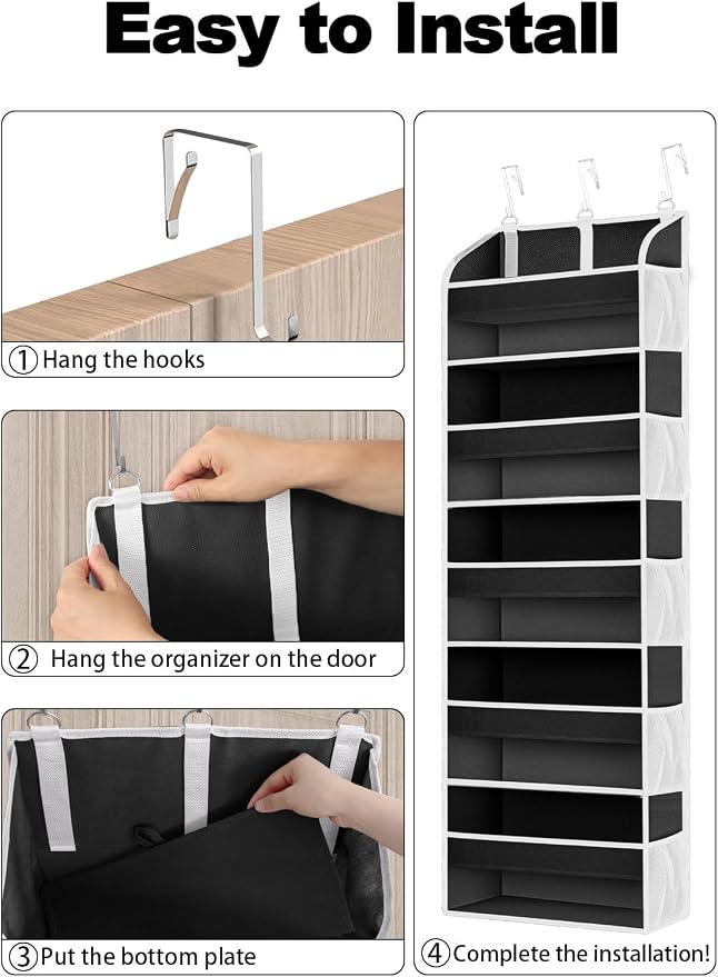 TAHAVICE 2 Pack Over the Door Storage Organizer, 5 Large & 10 Mesh Pockets | Hanging Storage Organizer with 40lb Capacity and Door Storage Space Saving for Bedroom,Bathroom,Nursery,Babyroom(Black)