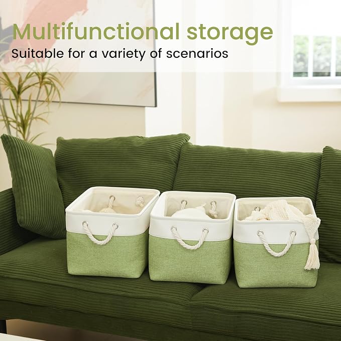 Large Storage Baskets- 15x11x10 inch Storage Bins for Shelves and Closet Organizing, Foldable Fabric Bin for Home Organization Clothes and Laundry (6-Pack, White&Green)