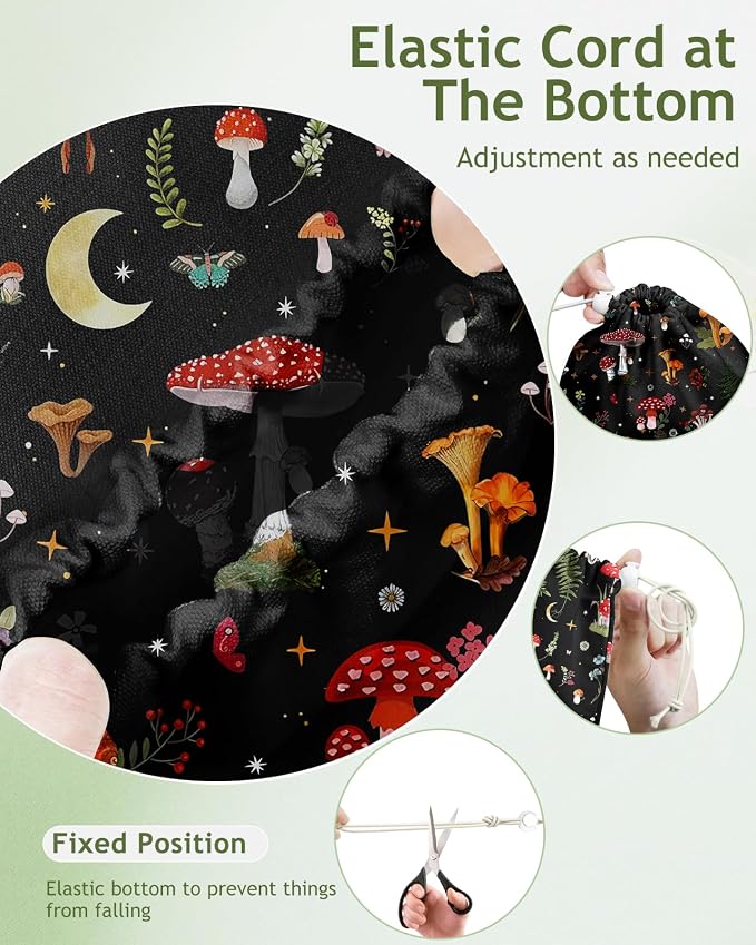 Plastic Bag Holder Organizer - 1 Pack Reusable Canvas Grocery Bags Holder Hanging Wall Cute Aesthetic Shopping Bag Storage Dispenser with Drawstring Closure for Kitchen Home, Mushroom