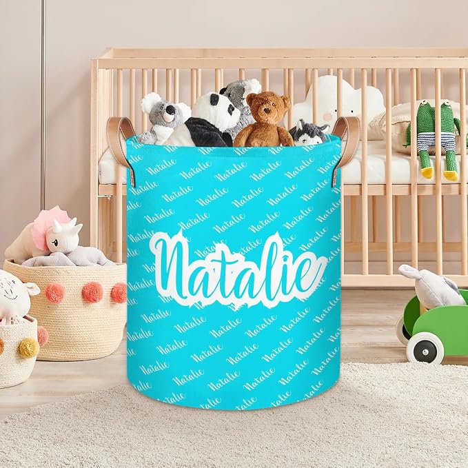 Personalized Laundry Basket, Custom Gift Laundry Hamper, Collapsible Nursery Waterproof Laundry Baskets, Dirty Clothes Toy Hamper with Handles Name Light Blue
