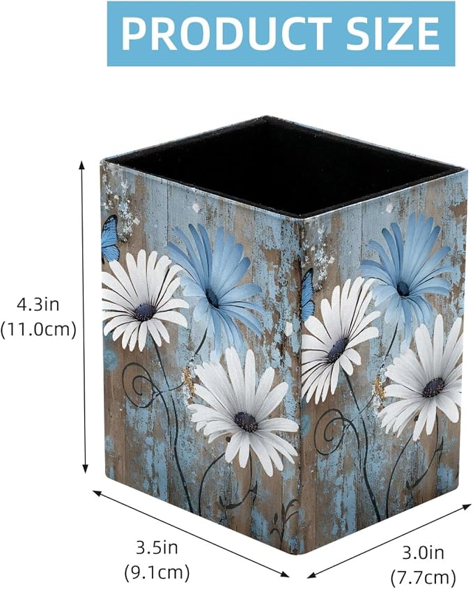 Pen Holder for Desk, Rustic Blue Daisy Pencil Holder, Pen Cup Functional Desk Organizer for Office Supplies