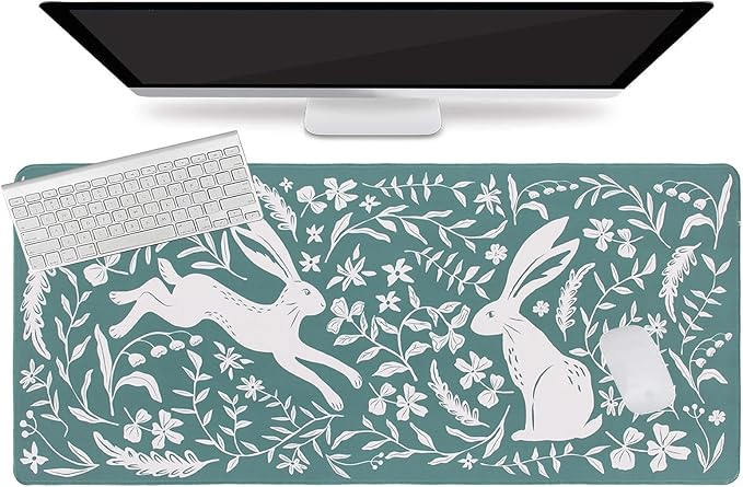 L-SPOUTTO Blue Desk Mat for Keyboard and Mouse,XXL Boho Gaming Mouse Pad | Cute Rabbit Large 35.4x15.7in Non-Slip Rubber Base Keyboard Pad Waterproof Desktop Mat for Laptop Computer Work Home Office