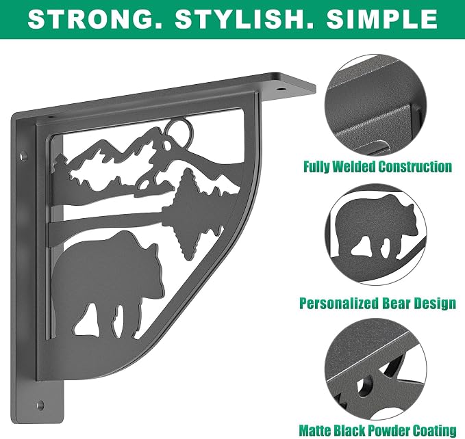 SELEWARE Black Heavy Duty Shelf Brackets, L 8" x H 8" x W 2" Wall Mount Decorative Shelving Brackets, 1/5" Thick Metal L Brackets with Mounting Hardware for DIY Floating Shelf (Bear, 2 Pack)