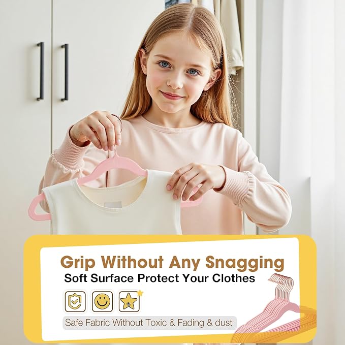 Kids Hangers 50 Pack,14 Inch Kids Velvet Hangers Slim & Space-Saving,Baby Clothes Hangers with 360 Swivel Hook,Heavy Duty Hanger for Infant & Childrens Coats, Pants,and Dress (Pink)