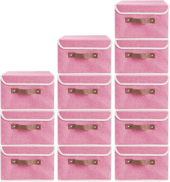 2Pack Storage Bins Boxes with Lids 10" x 8" x 7" Decorative Storage Baskets | Cotton Linen Fabric, Collapsible, Faux Leather Handles, Storage Cubes, Closet Shelf Clothes Organizer Container, Pink