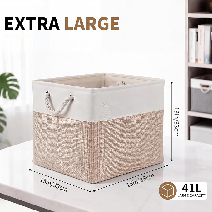 13×15×13 Inch Storage Cubes,6 Pack Cube Storage Bins for Shelves,Fabric Collapsible Storage Bins with Handles, Foldable Storage Basket for Organizing Clothes,Books (White&Beige,13"x15"x13")