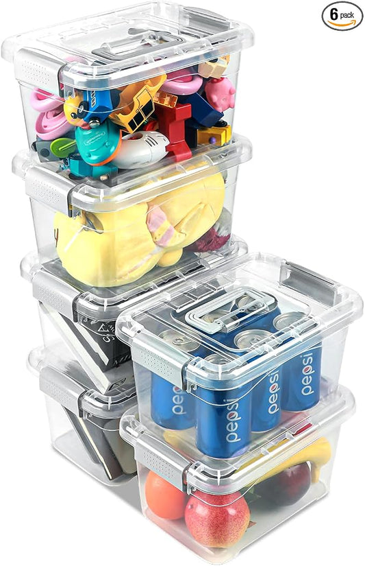 EOENVIVS Plastic Storage Bins 7 Quart-Storage Organizer Bins with Grey Buckle Lids, Stackable Storage Bins with Lids for Home Office Kids Room Closet School Art Supplies Organization,6 Packs, Clear