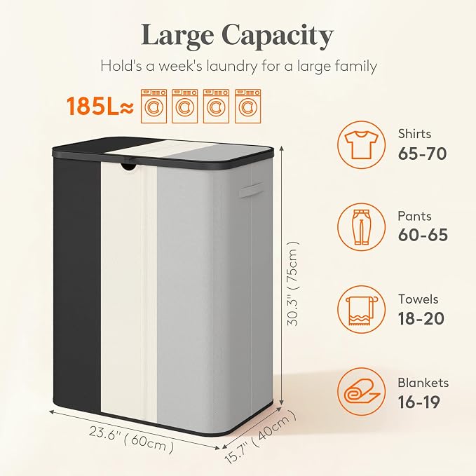 Lifewit 185L 3 Section Laundry Hamper with Lid, Large Laundry Basket with Handles and Removable Bags, Tall Clothes Hamper, Foldable Laundry Sorter for Bedroom Bathroom, Black, Gray, and White