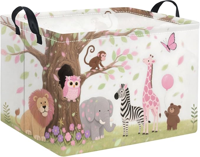 Rectangular Baby Kids Storage Basket for Home Kitchen Girls Cute Storage Bin Organizer Shelf Book Room Decor(Pink Animal)