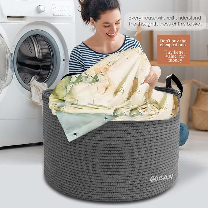 GOCAN Extra Large Storage Laundry Basket 22" X 22"X 14" Cotton Rope Woven Basket for Blanket Basket with Handles for Living Room Toys Storage XXXL (Dull grey)