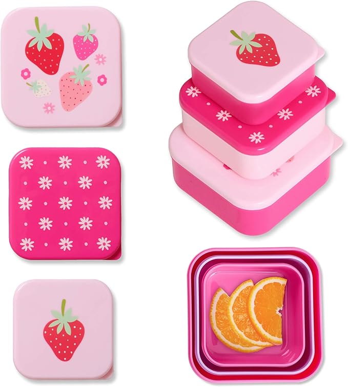 Wildkin Set of 3 Kids Nesting Food Containers for Girls – Stackable, Airtight & BPA-Free Snack Containers, Dishwasher Safe Lunch Box Containers for School & Travel, Ages 3–12 – Strawberry