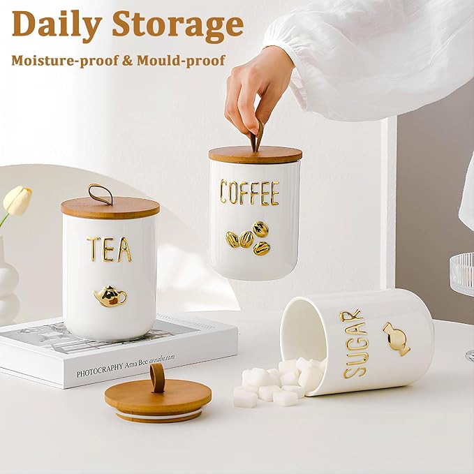 Simcat 27oz Ceramic Canister Set with Airtight Seal Bamboo Lid and Silicone Seal Damp-Proof Kitchen Jar Tea Coffee Sugar Canister Set Food Storage Containers (Three piece)