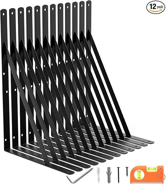 12-Pack 18 Inch Heavy Duty Shelf Brackets, Large Floating Wall Bracket for Garage Storage Shelves, Black Powder-Coated Finish, Load Capacity 800lbs